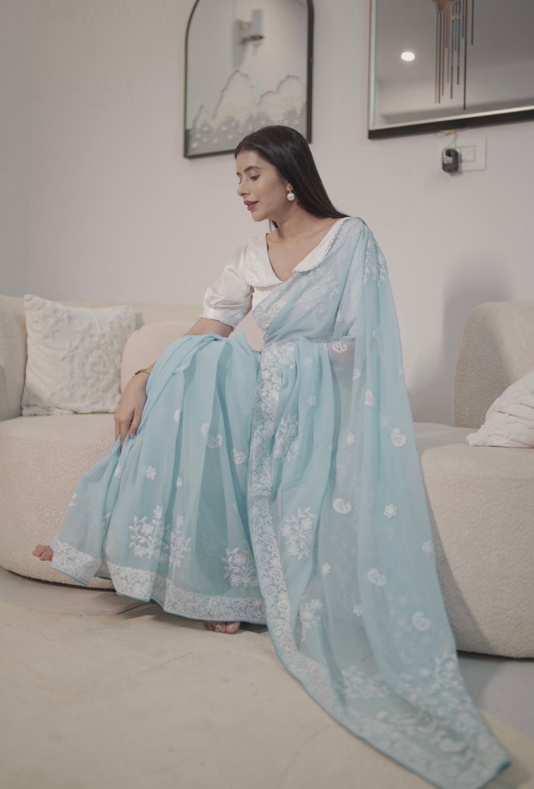 Soft Georgette Sky Blue Chikankari Saree with White Cotton Silk Blouse Piece