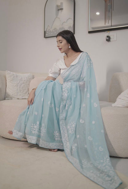 Soft Georgette Sky Blue Chikankari Saree with White Cotton Silk Blouse Piece