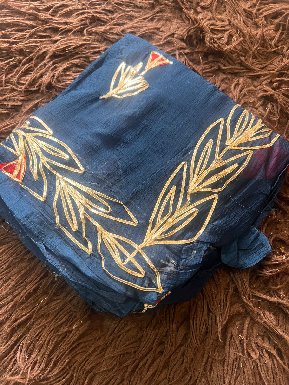 Royal Blue Gota Work Chiffon Saree with Red Blouse Piece