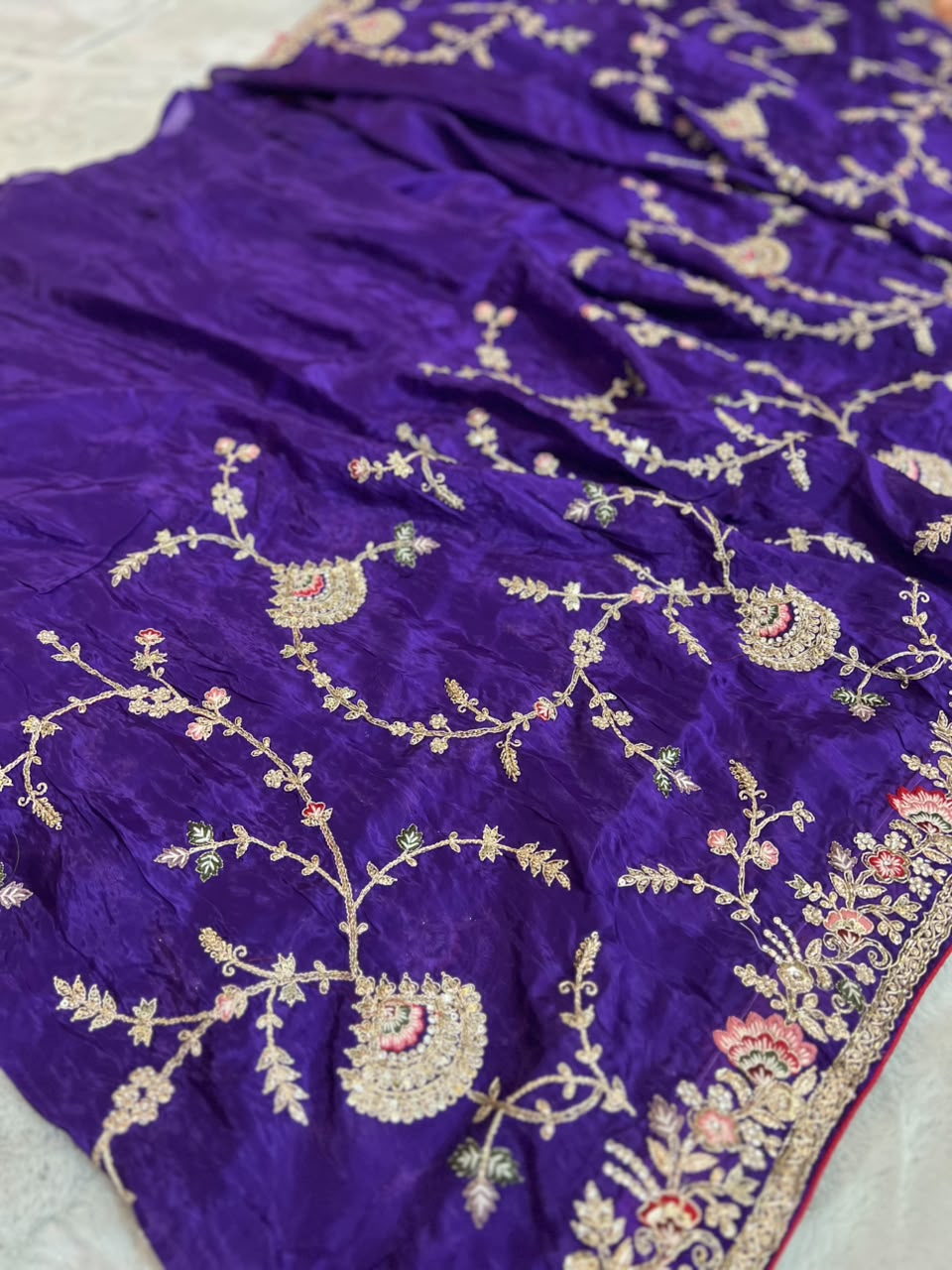 Heavy work Purple Silk Saree with Beautiful Tussles at the Pallu and Heavy Pink Contrast Blouse. You can call it Madhuri Dixit inspired “Hum Aapke hain Koun Saree “