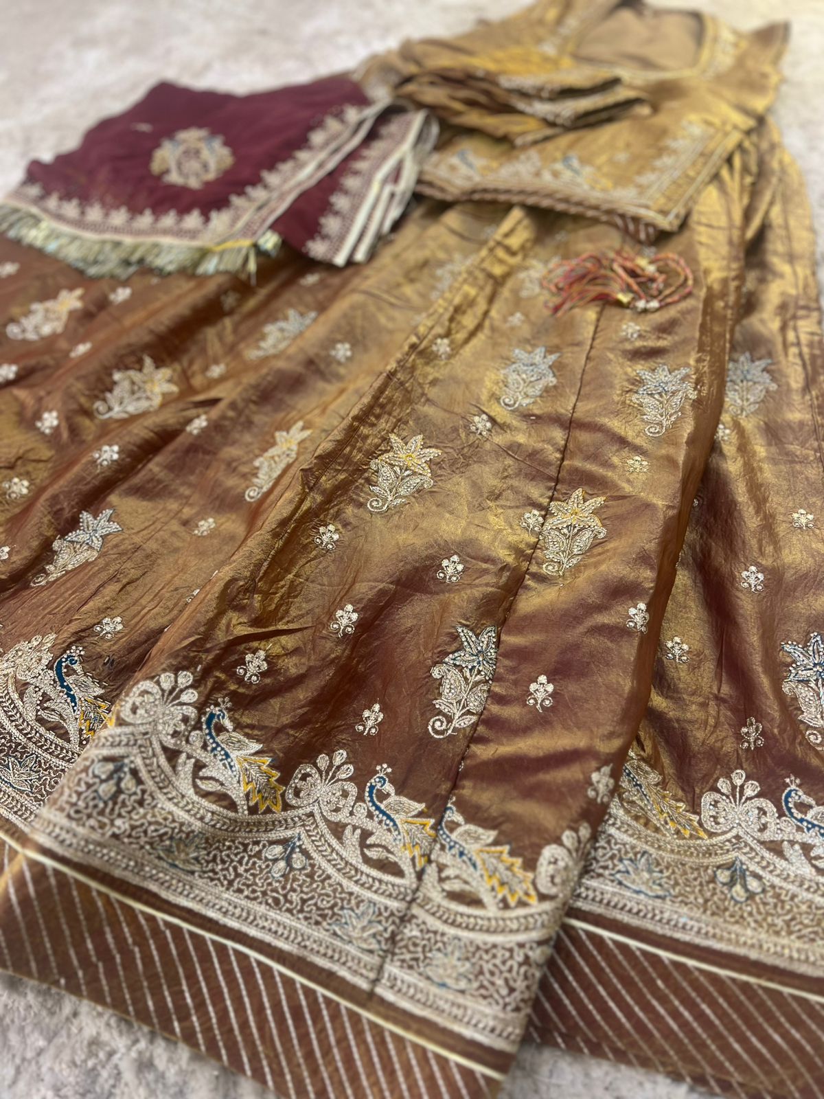 Golden brown Designer Poshak with Baareek Kadhayi (Stitched)