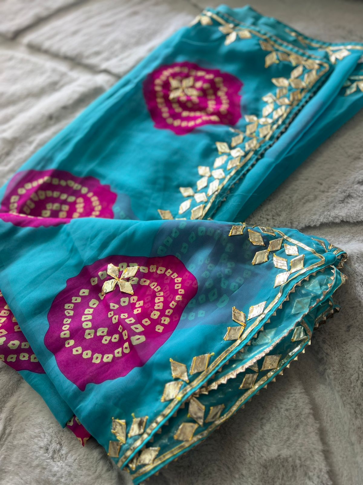 Blue Pink Bandhini Gota Work Saree