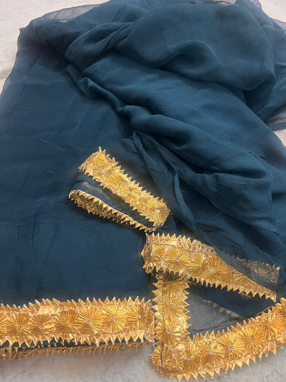 Navy Blue Pure Chiffon Saree with Beautiful Rajasthani Border and Pure Crêpe Blouse Piece