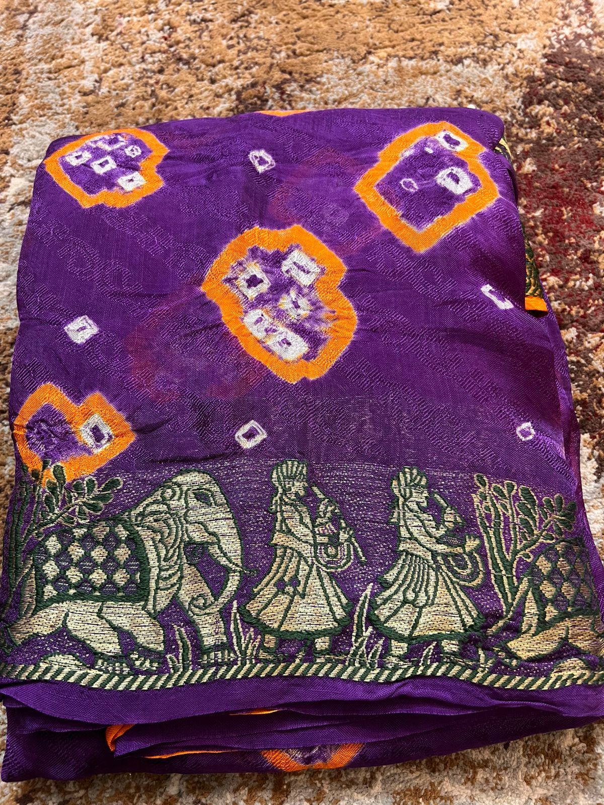 Orange and Purple Bandhini Saree with Beautiful Zari Border and Same Fabric Running Blouse