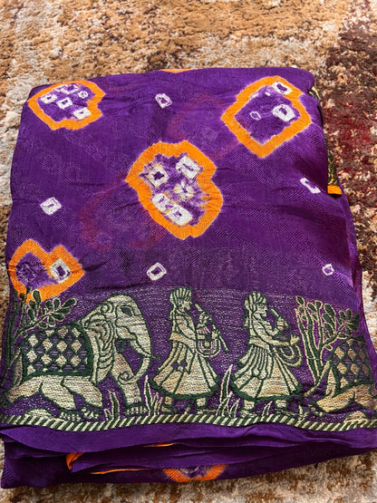Orange and Purple Bandhini Saree with Beautiful Zari Border and Same Fabric Running Blouse
