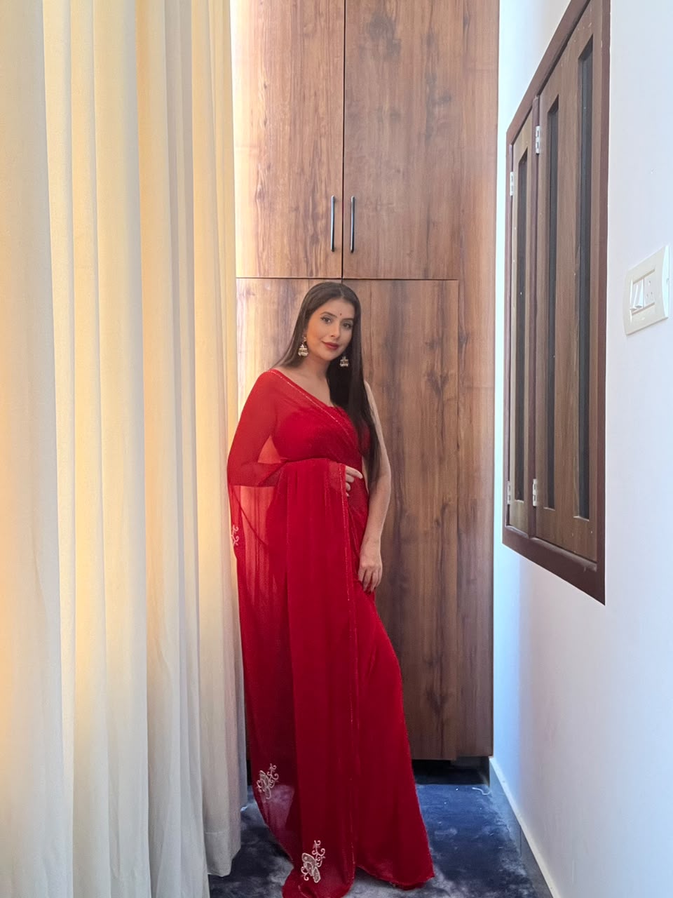 Red Color Chiffon Saree with Pearl Bird Work