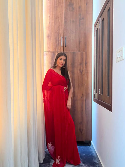 Red Color Chiffon Saree with Pearl Bird Work