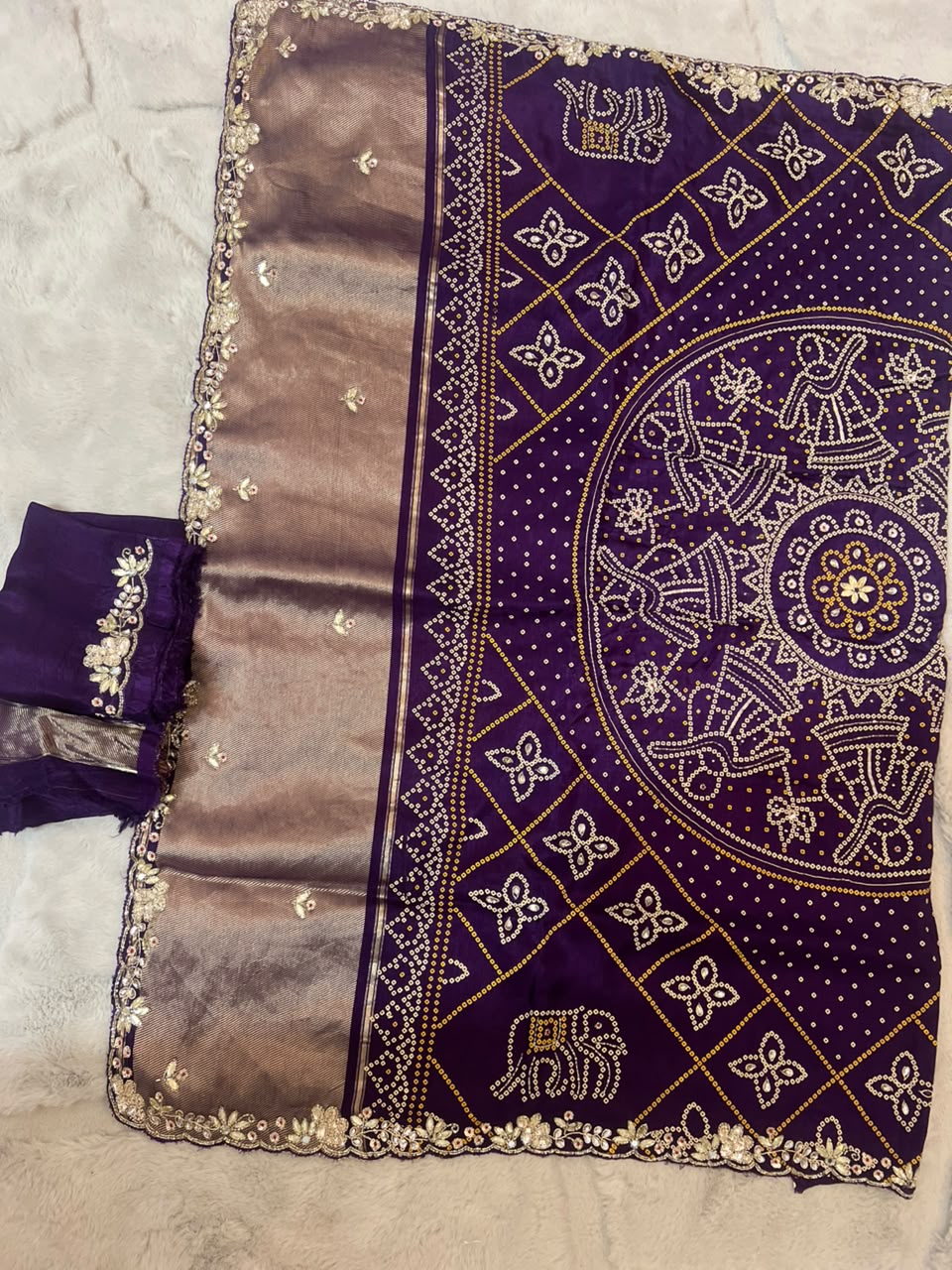 Beautiful H.O Silk Designer Bandhini Saree in Purple Color With Lovely Gota Work and Same Fabric Blouse Piece