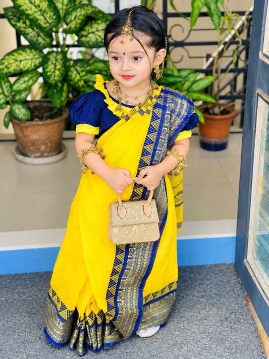 Beautiful Yellow and Blue Baby Saree with Ready Blouse (3-7 Years)
