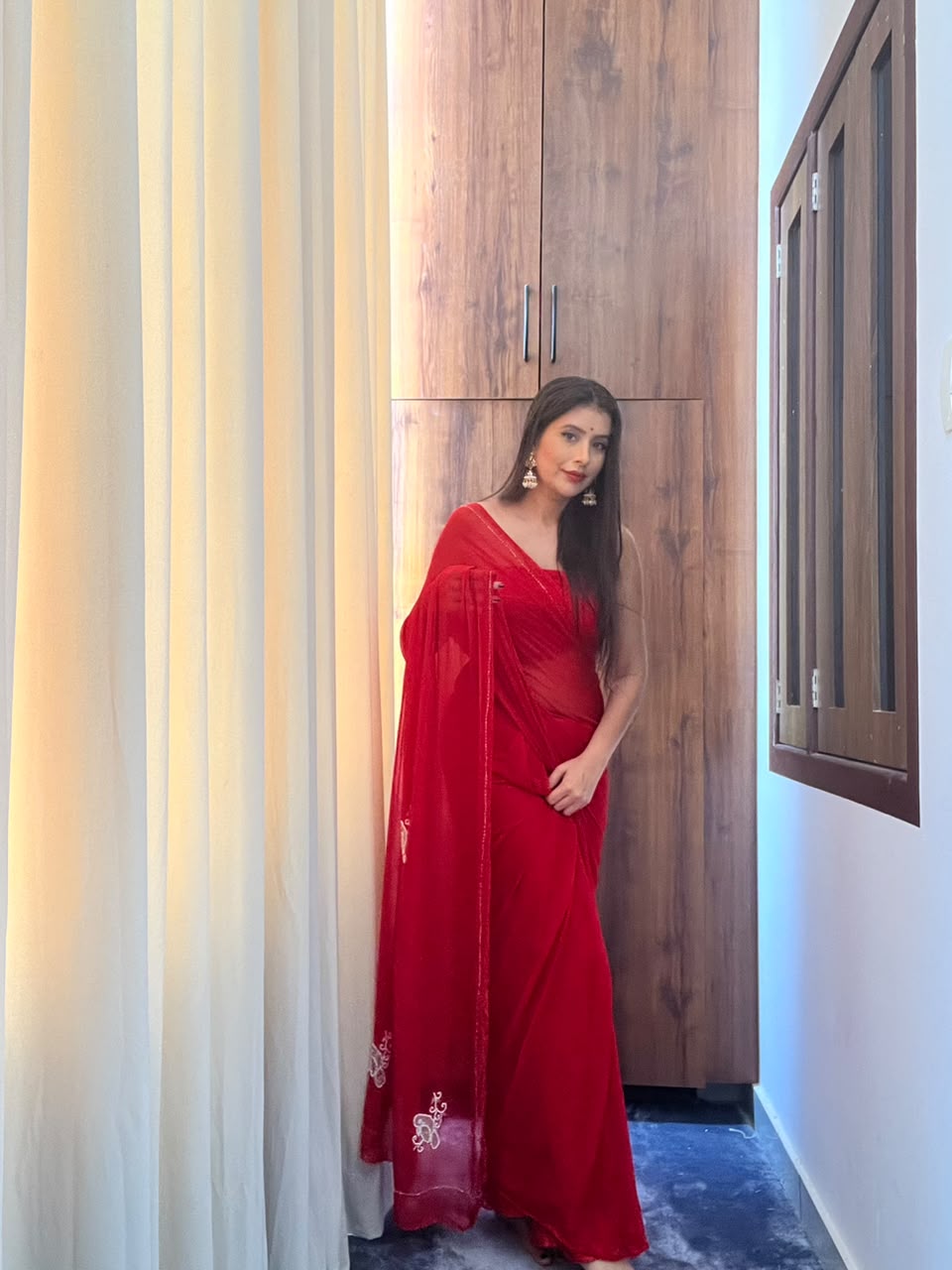 Red Color Chiffon Saree with Pearl Bird Work