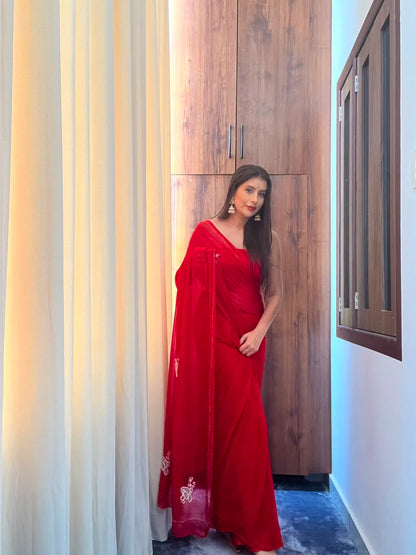 Red Color Chiffon Saree with Pearl Bird Work