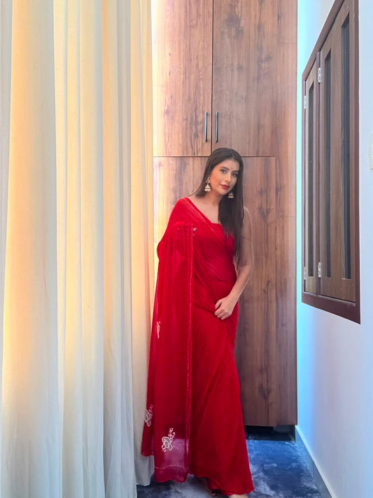 Red Color Chiffon Saree with Pearl Bird Work