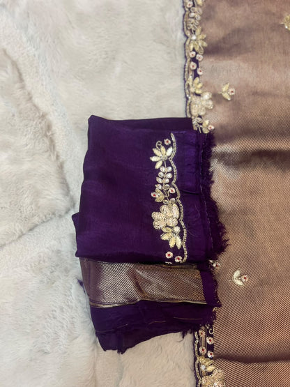 Beautiful H.O Silk Designer Bandhini Saree in Purple Color With Lovely Gota Work and Same Fabric Blouse Piece