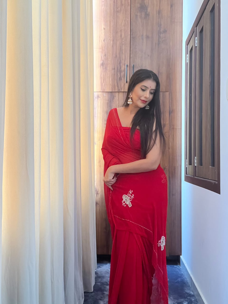 Red Color Chiffon Saree with Pearl Bird Work