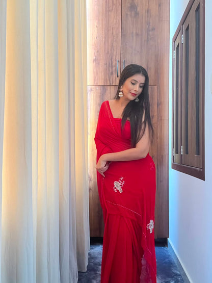 Red Color Chiffon Saree with Pearl Bird Work