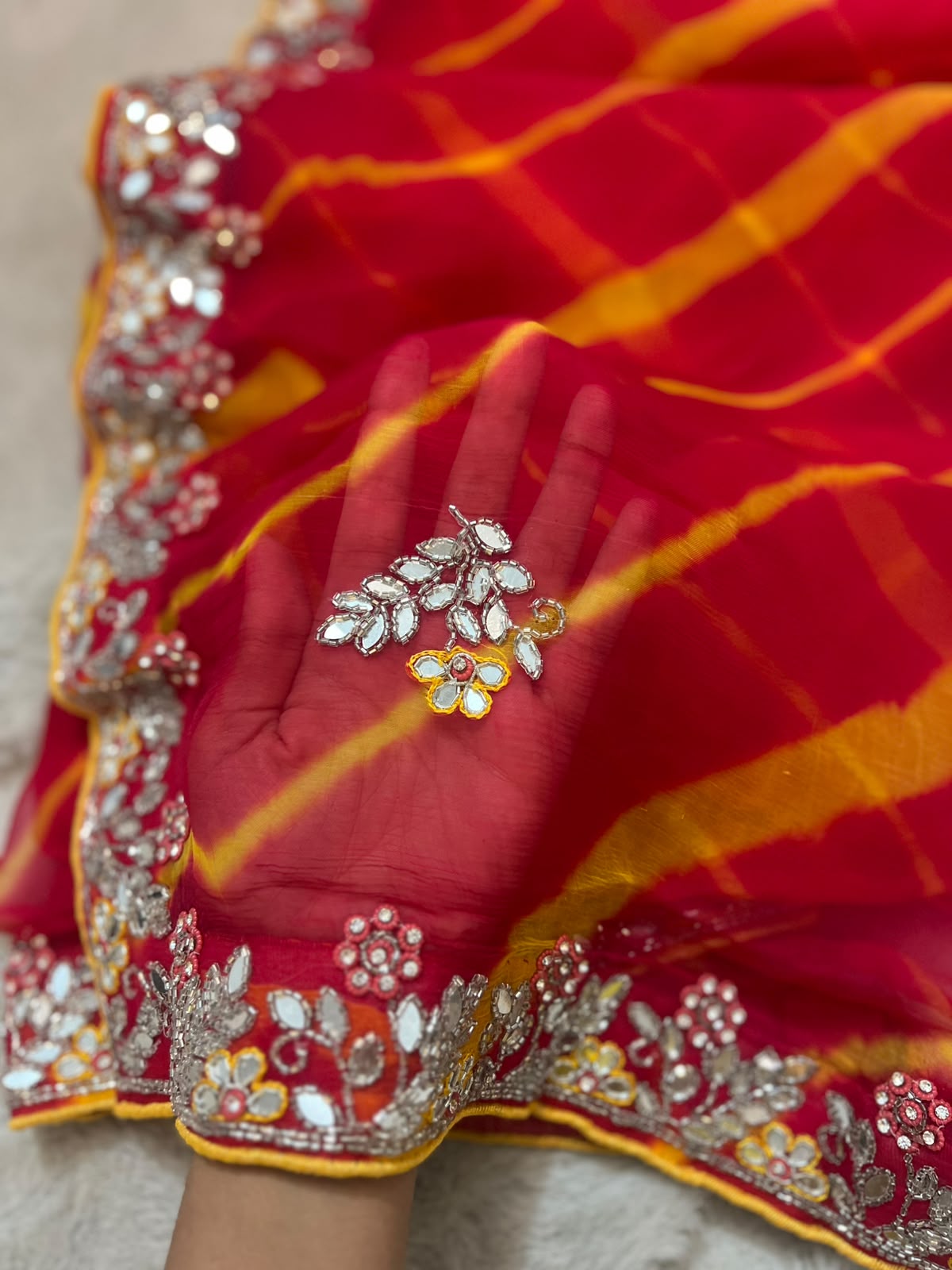 Pure Chiffon Lahariya Saree with Lovely Gota Hand Work on the Border and Booties in between the Saree and same work Contrast Blouse Piece