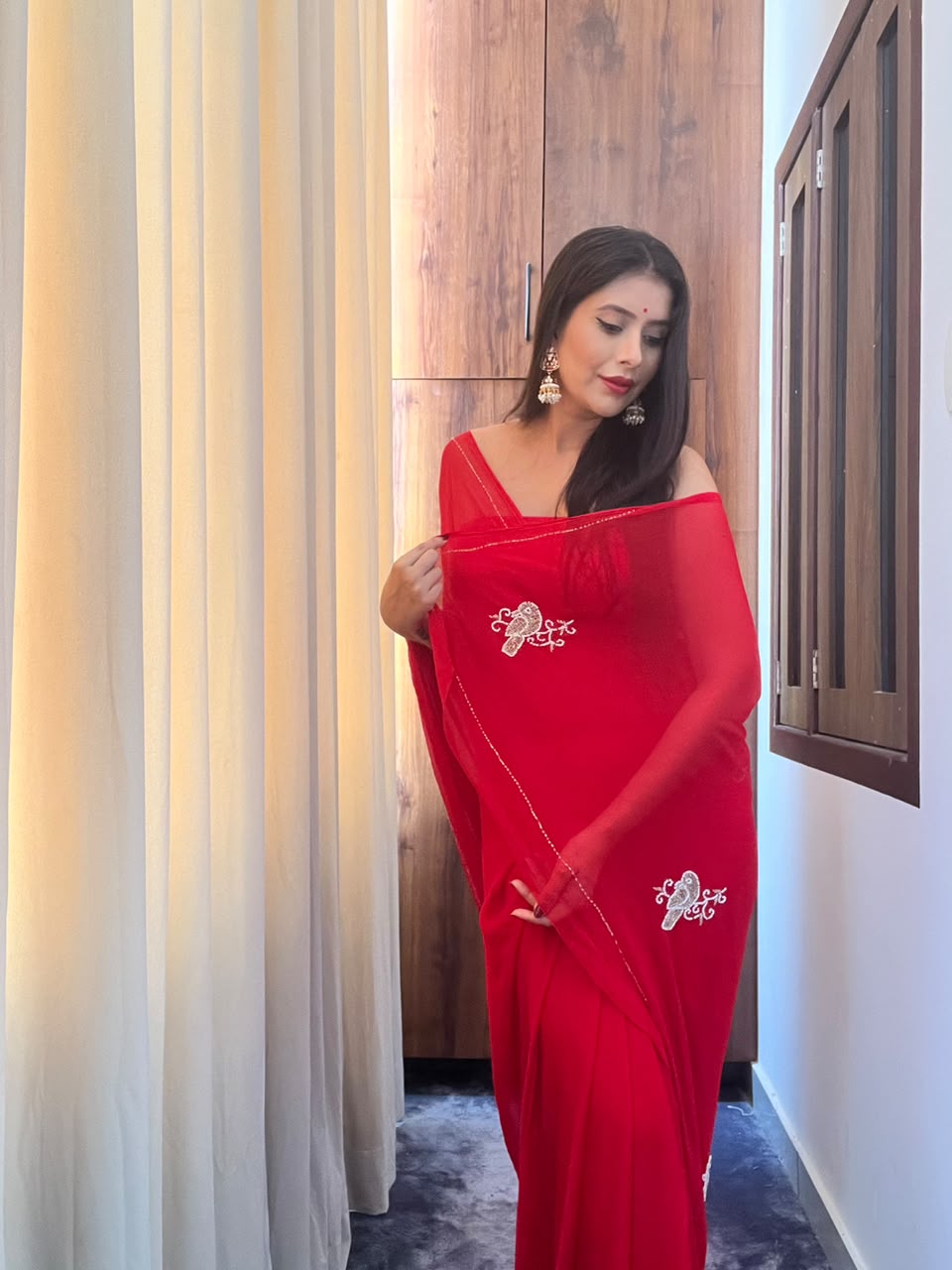 Red Color Chiffon Saree with Pearl Bird Work