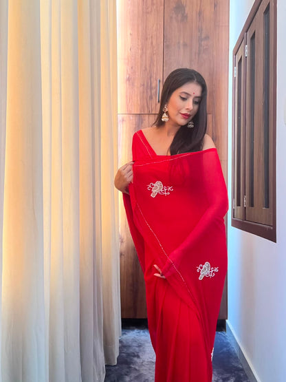 Red Color Chiffon Saree with Pearl Bird Work