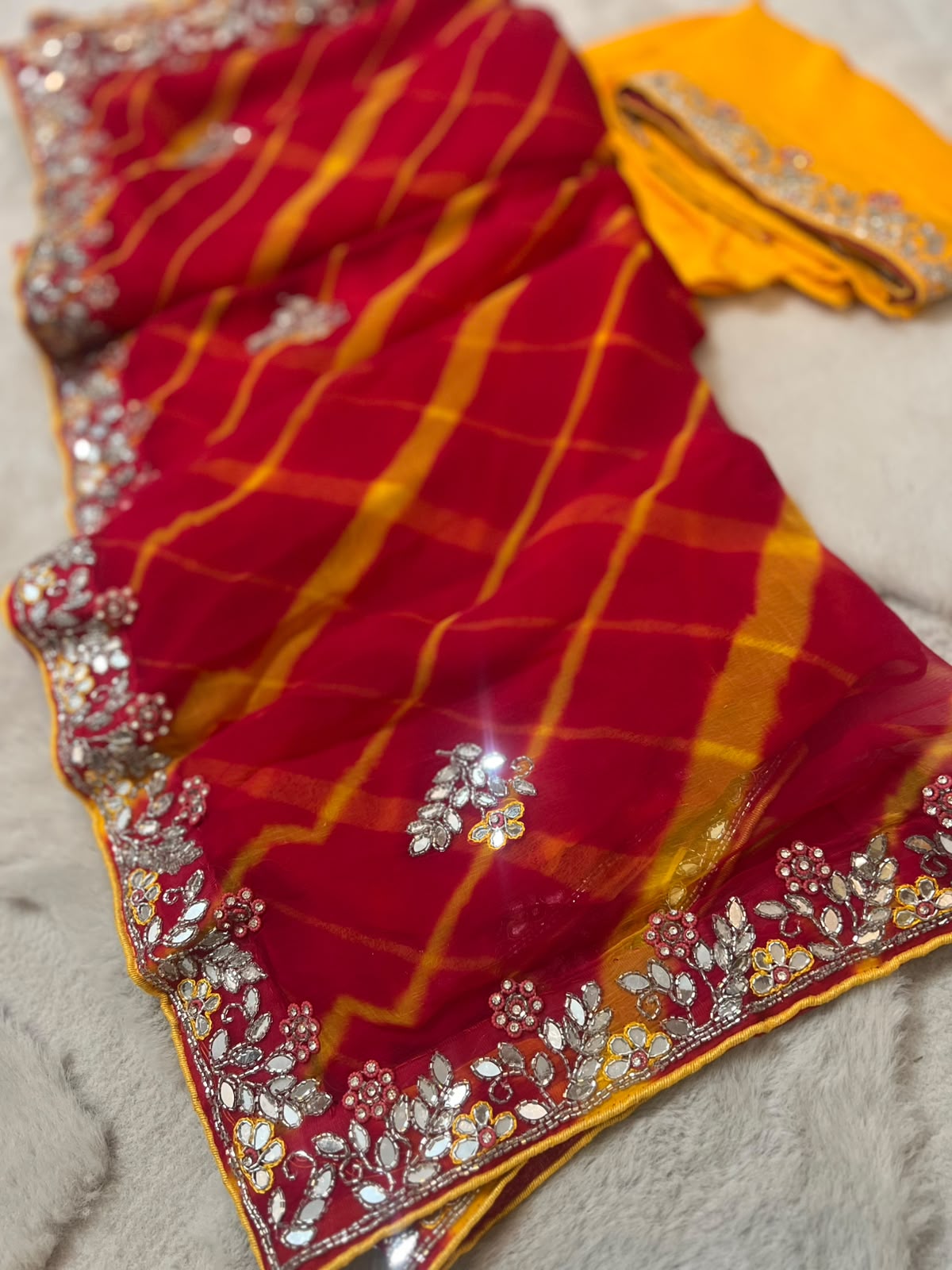 Pure Chiffon Lahariya Saree with Lovely Gota Hand Work on the Border and Booties in between the Saree and same work Contrast Blouse Piece