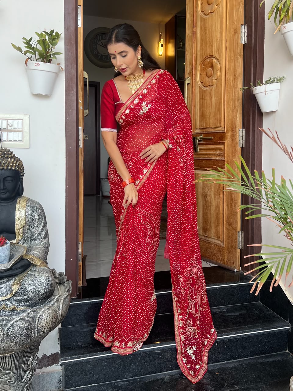 Beautiful Pure Chiffon Bandhini Print and Hand Gota Work Saree with Same Fabric Blouse Piece