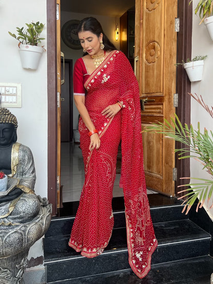 Beautiful Pure Chiffon Bandhini Print and Hand Gota Work Saree with Same Fabric Blouse Piece