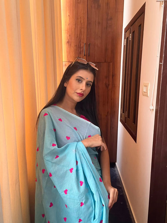 Khadi cotton Sky Blue saree With Heart Emboridary And Beautiful Havy Hakoba Cotton  Blouse*💝