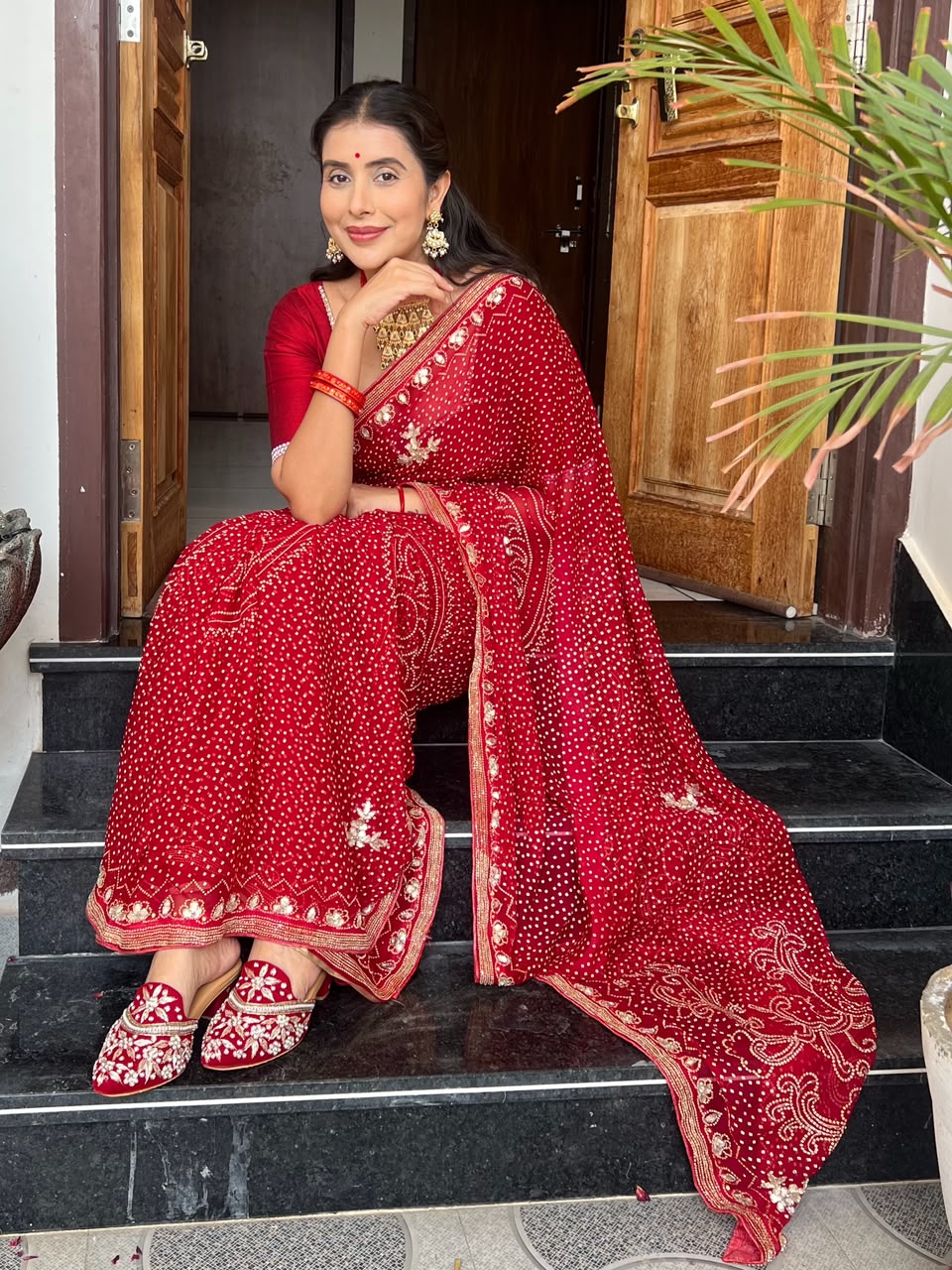 Beautiful Pure Chiffon Bandhini Print and Hand Gota Work Saree with Same Fabric Blouse Piece