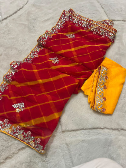 Pure Chiffon Lahariya Saree with Lovely Gota Hand Work on the Border and Booties in between the Saree and same work Contrast Blouse Piece