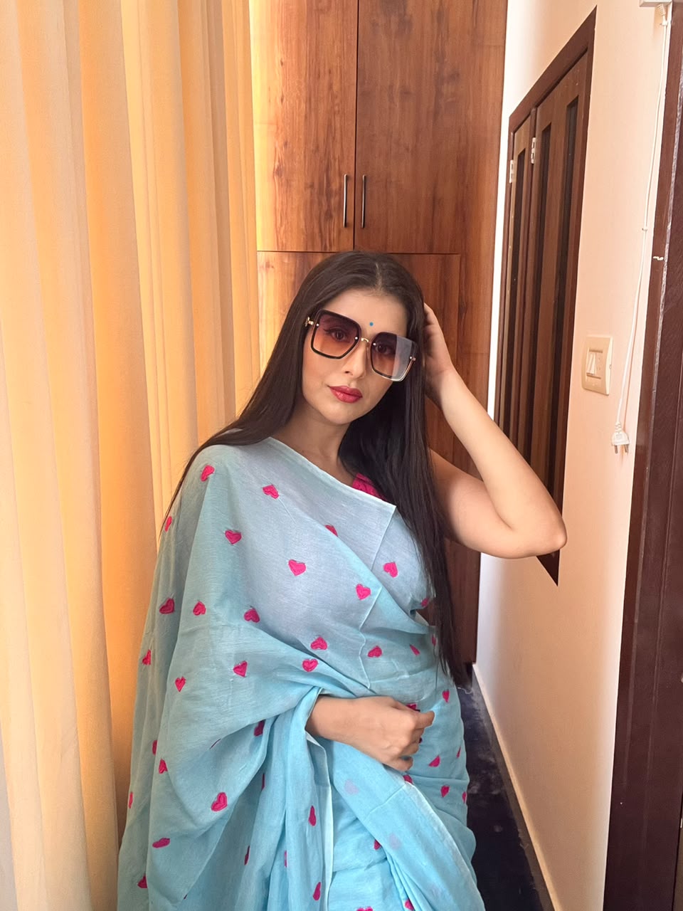 Khadi cotton Sky Blue saree With Heart Emboridary And Beautiful Havy Hakoba Cotton  Blouse*💝