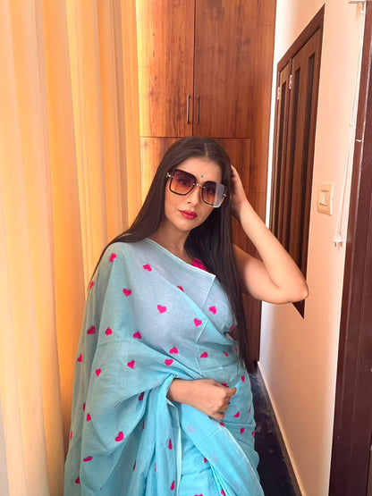 Khadi cotton Sky Blue saree With Heart Emboridary And Beautiful Havy Hakoba Cotton  Blouse*💝