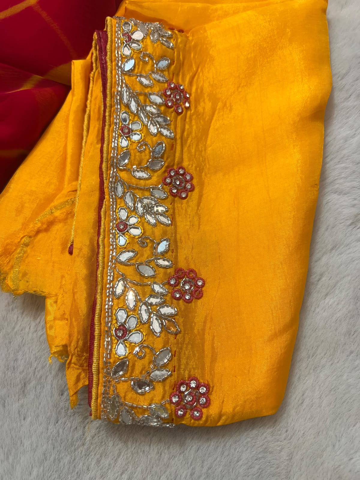Pure Chiffon Lahariya Saree with Lovely Gota Hand Work on the Border and Booties in between the Saree and same work Contrast Blouse Piece
