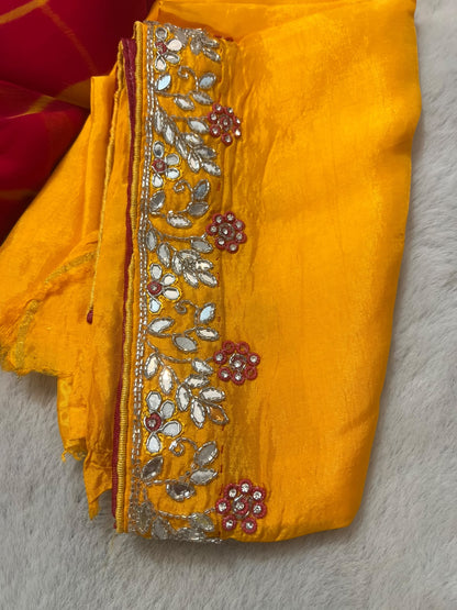 Pure Chiffon Lahariya Saree with Lovely Gota Hand Work on the Border and Booties in between the Saree and same work Contrast Blouse Piece