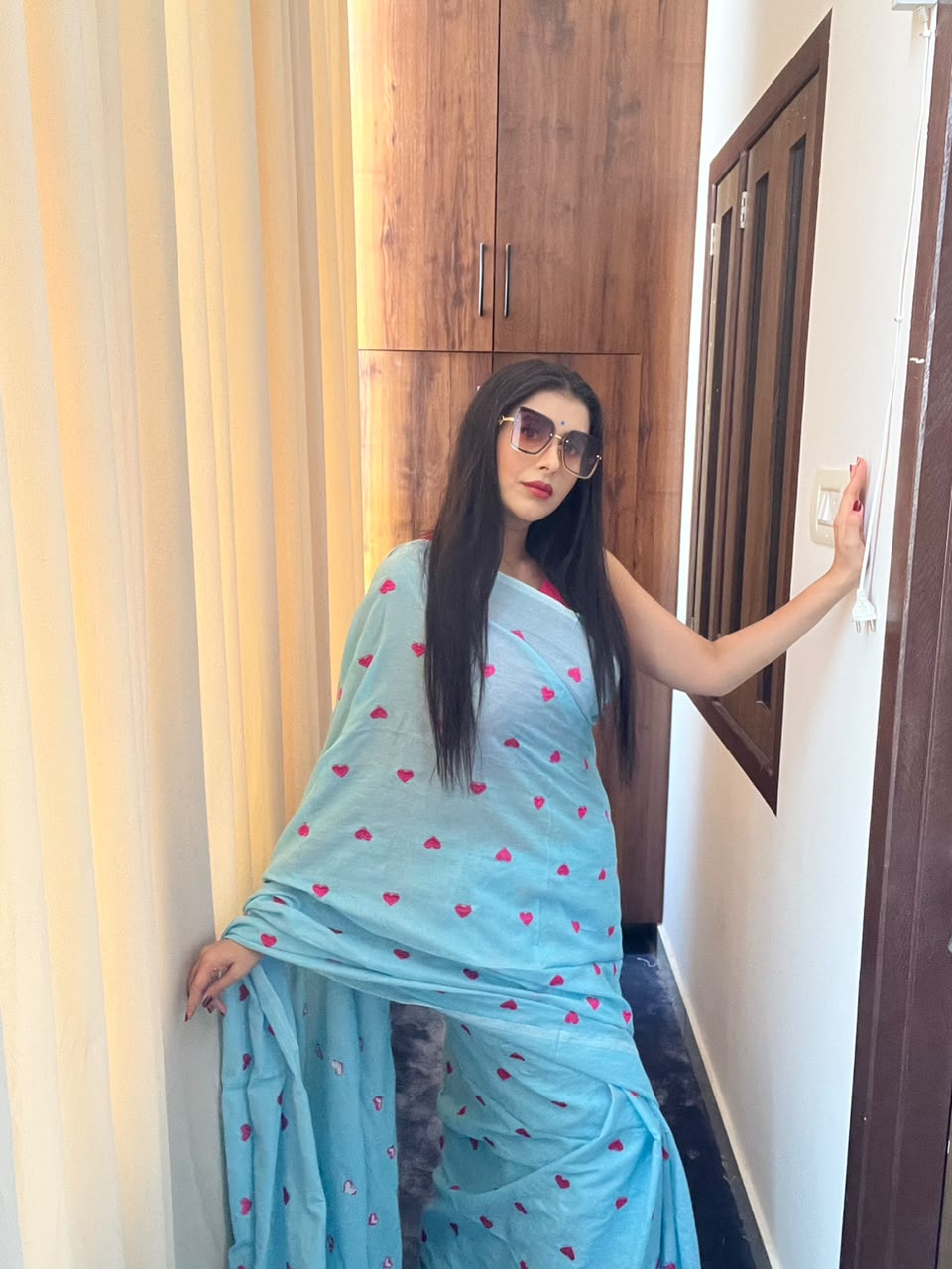 Khadi cotton Sky Blue saree With Heart Emboridary And Beautiful Havy Hakoba Cotton  Blouse*💝