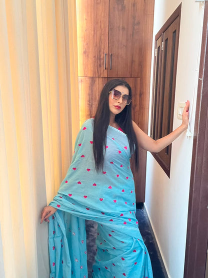Khadi cotton Sky Blue saree With Heart Emboridary And Beautiful Havy Hakoba Cotton  Blouse*💝