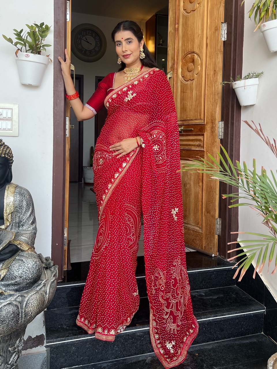 Beautiful Pure Chiffon Bandhini Print and Hand Gota Work Saree with Same Fabric Blouse Piece