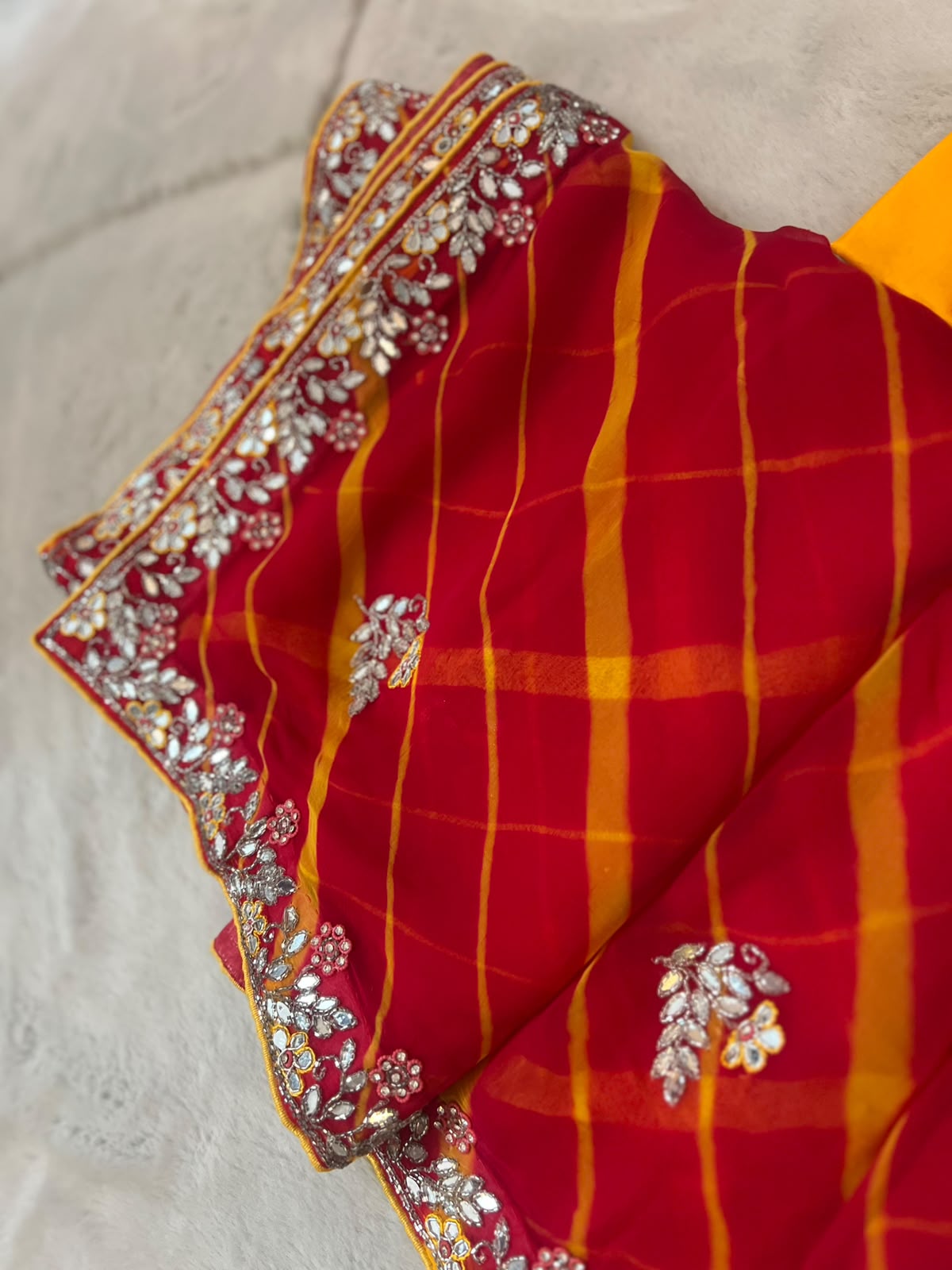 Pure Chiffon Lahariya Saree with Lovely Gota Hand Work on the Border and Booties in between the Saree and same work Contrast Blouse Piece