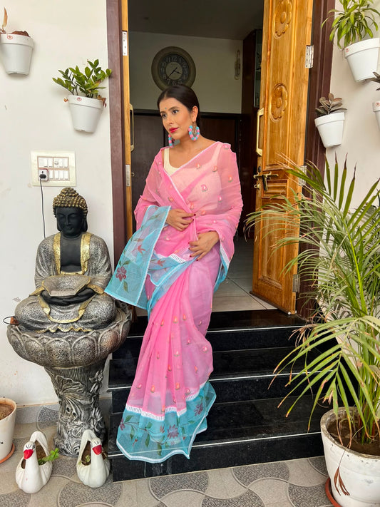Beautiful Kota Doriya Saree with Thread Work and Blouse Piece