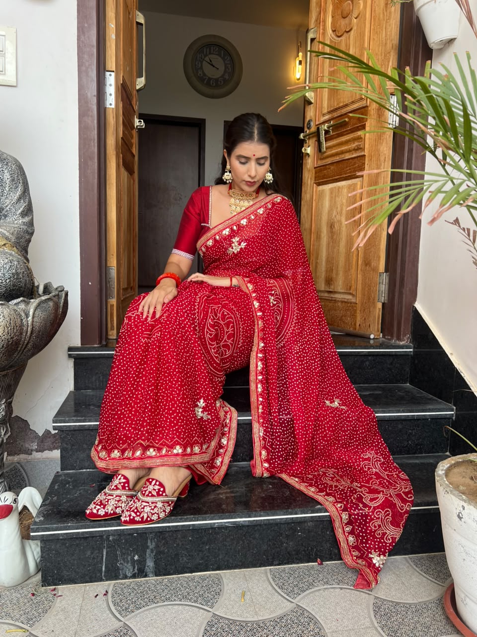 Beautiful Pure Chiffon Bandhini Print and Hand Gota Work Saree with Same Fabric Blouse Piece