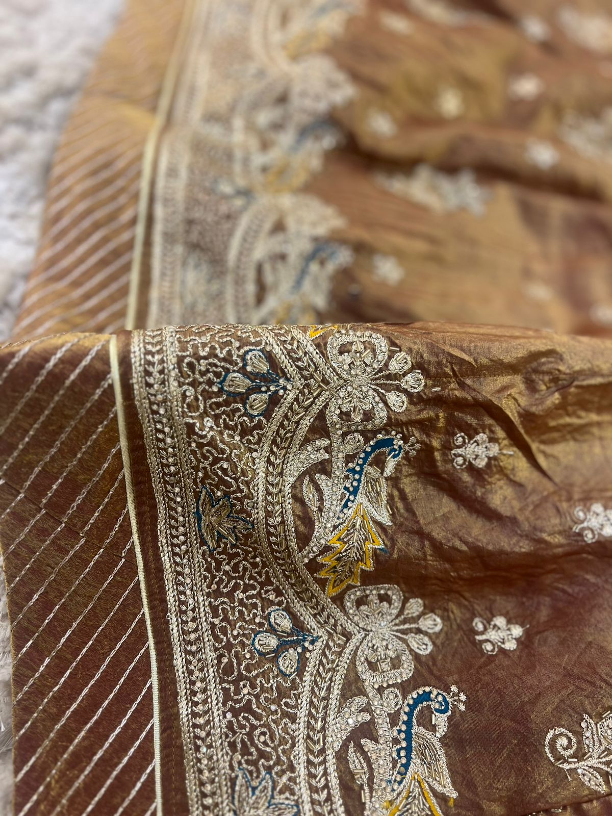 Golden brown Designer Poshak with Baareek Kadhayi (Stitched)