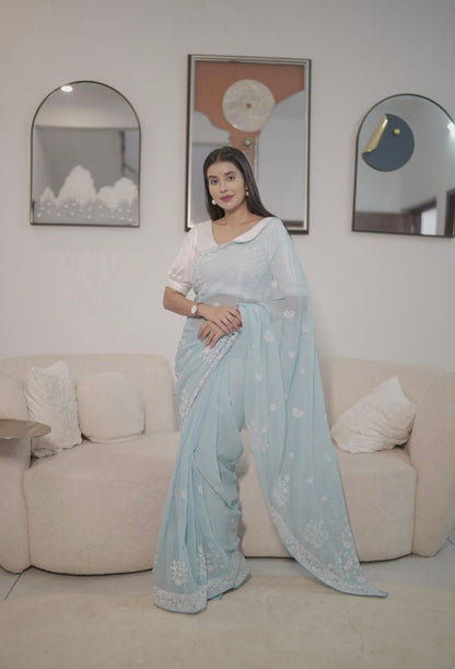 Soft Georgette Sky Blue Chikankari Saree with White Cotton Silk Blouse Piece