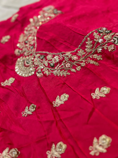 Heavy work Purple Silk Saree with Beautiful Tussles at the Pallu and Heavy Pink Contrast Blouse. You can call it Madhuri Dixit inspired “Hum Aapke hain Koun Saree “