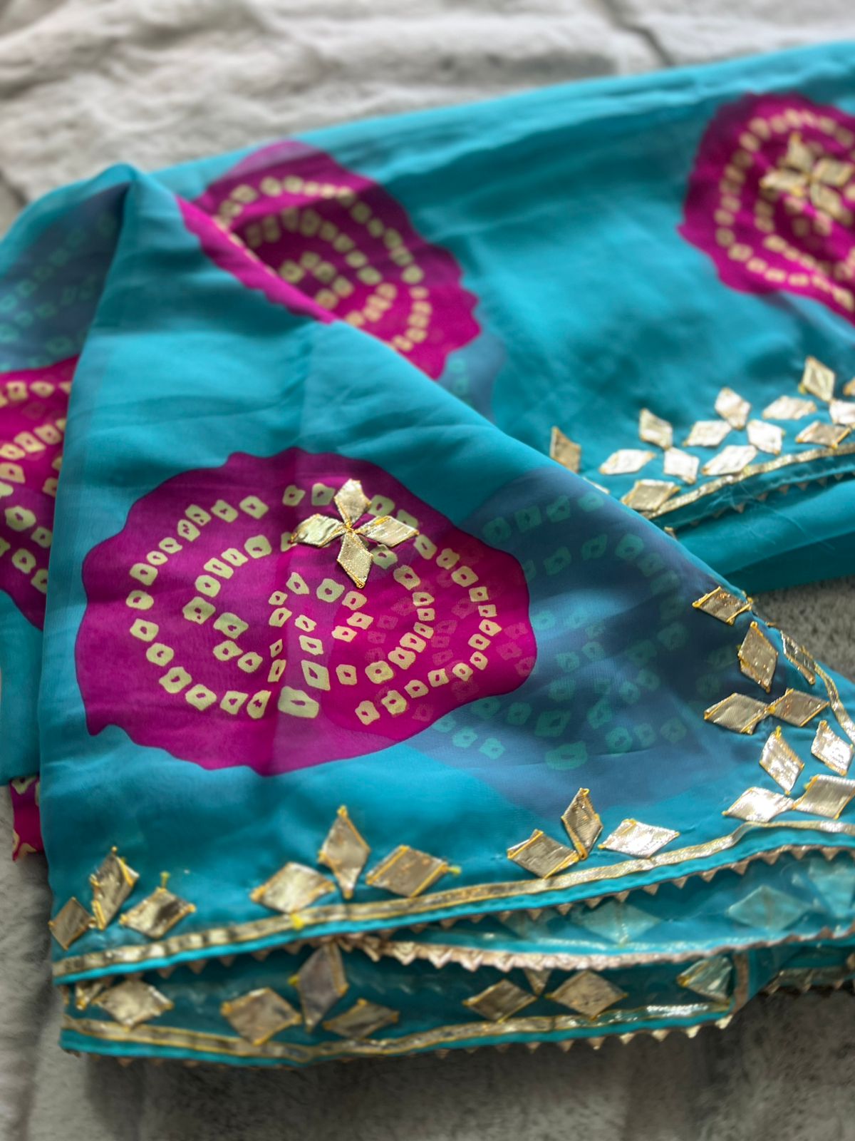 Blue Pink Bandhini Gota Work Saree