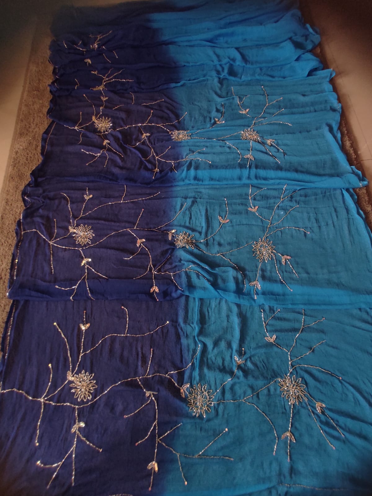Sky Blue and  Dark Blue Shaded Zaal Work Chiffon Saree with Blouse Piece