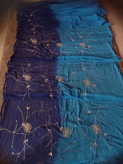 Sky Blue and  Dark Blue Shaded Zaal Work Chiffon Saree with Blouse Piece