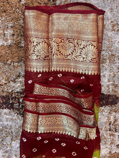 Pista Green and Maroon Soft Silk Banarasi Saree with Running Blouse