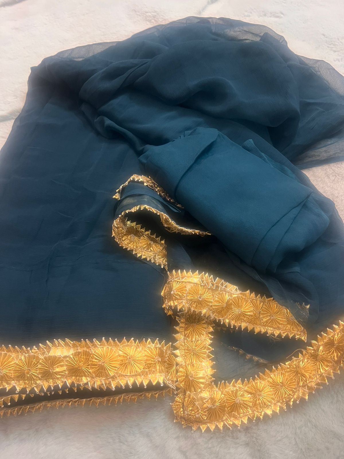 Navy Blue Pure Chiffon Saree with Beautiful Rajasthani Border and Pure Crêpe Blouse Piece