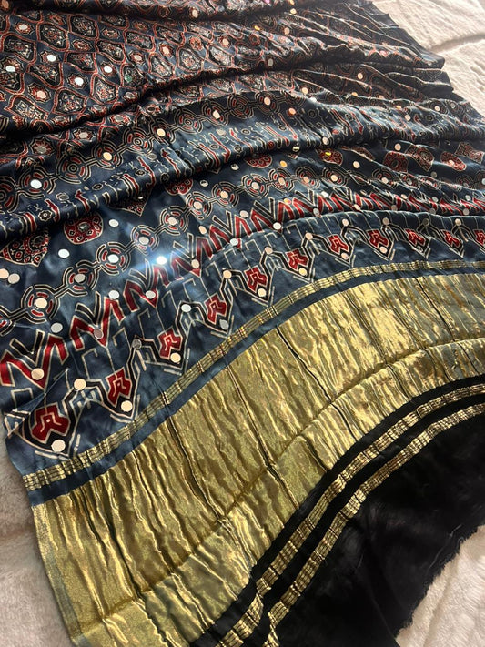 Celebrity Inspired Modal Silk Ajrakh Print Mirror Work Saree