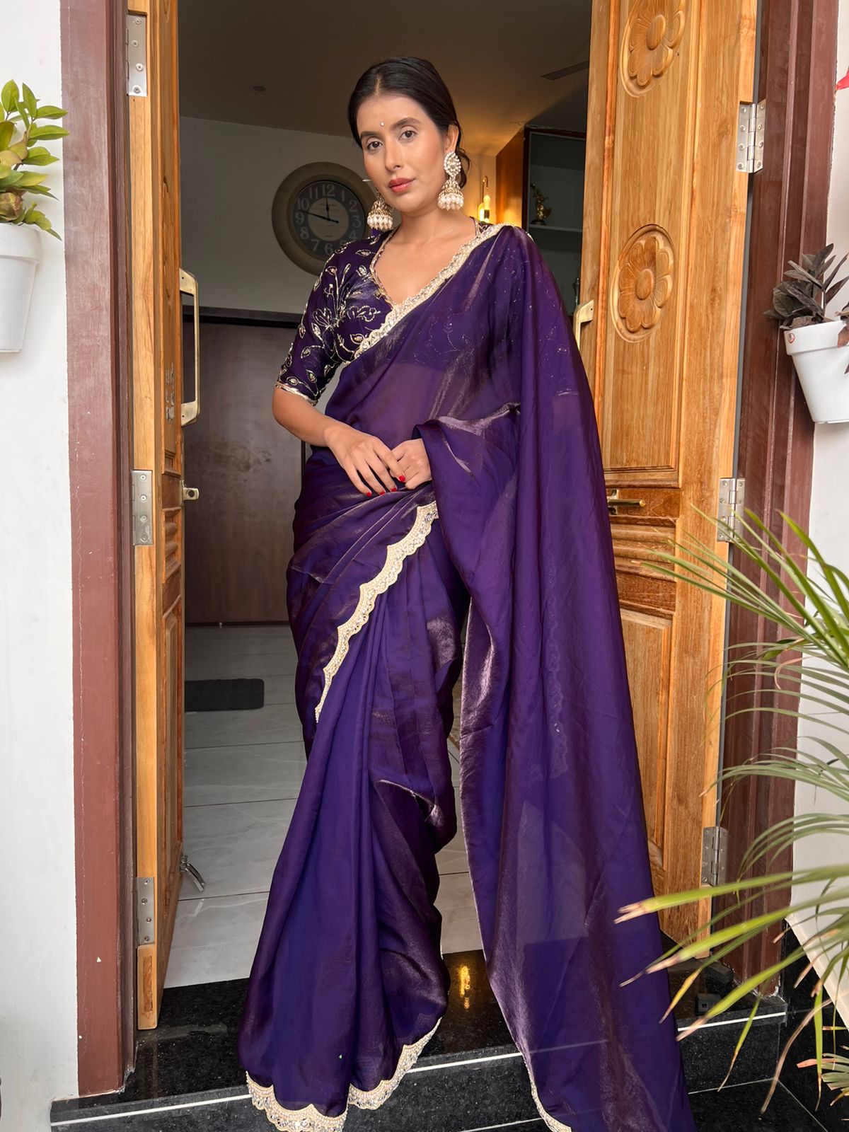 Purple Fendy Tissue Silk Designer Sari with Fendy Tissue Silk Designer Kaanchli Blouse