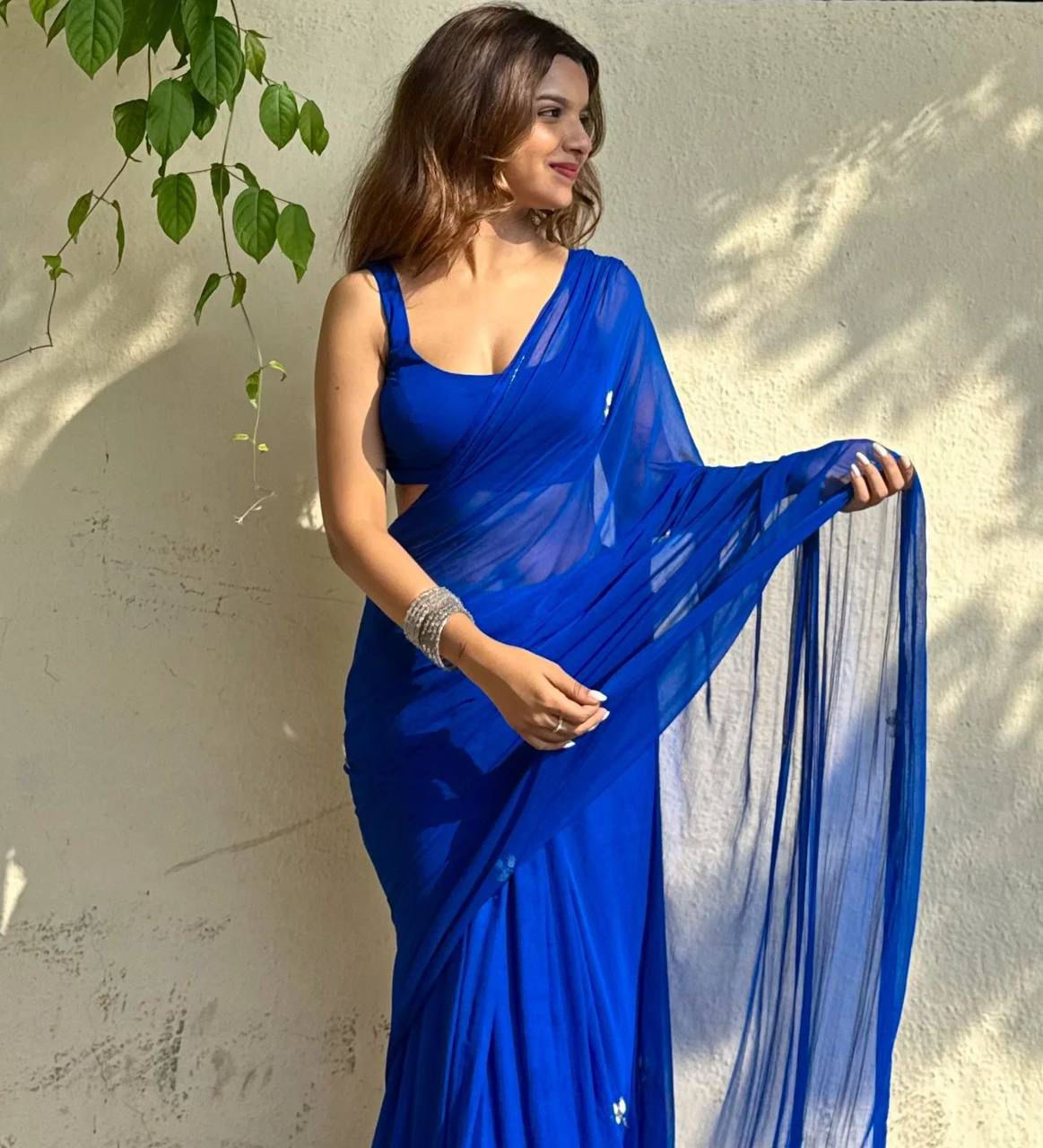 Soft Chiffon Pearl Work (Teen Patti Buti Design) Blue Saree with Same Fabric Blouse Peice