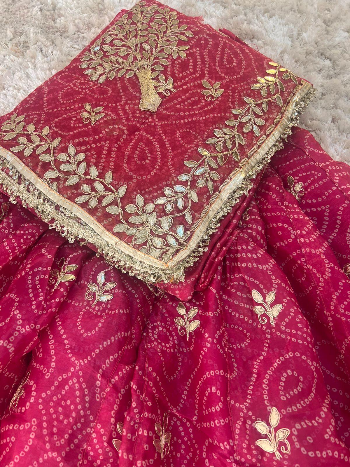 Bandhini with Gota Patti Work Full Ghera Magenta Pink Poshak (Unstitched)